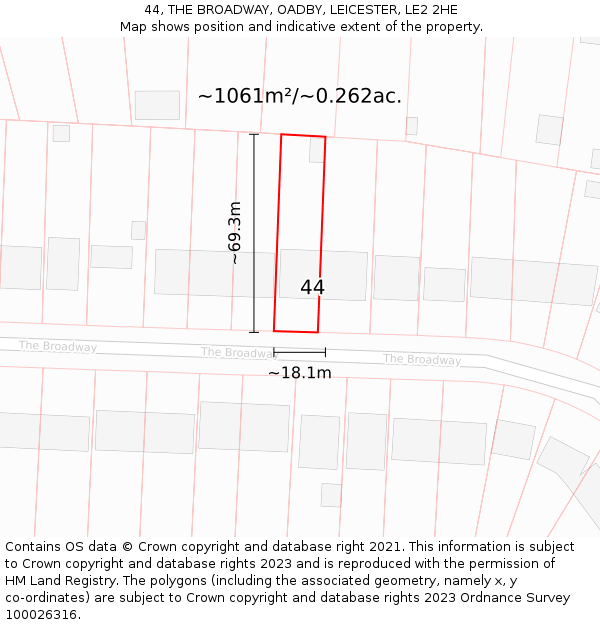 44, THE BROADWAY, OADBY, LEICESTER, LE2 2HE: Plot and title map