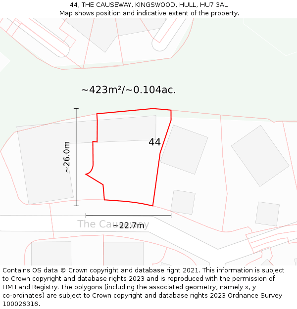 44, THE CAUSEWAY, KINGSWOOD, HULL, HU7 3AL: Plot and title map