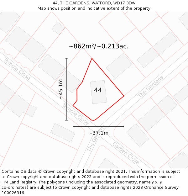 44, THE GARDENS, WATFORD, WD17 3DW: Plot and title map