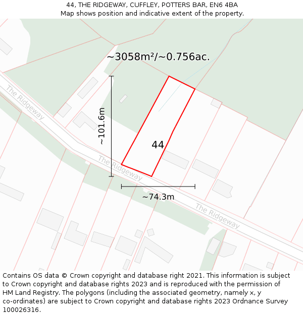 44, THE RIDGEWAY, CUFFLEY, POTTERS BAR, EN6 4BA: Plot and title map