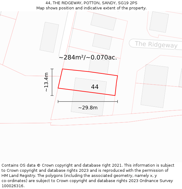 44, THE RIDGEWAY, POTTON, SANDY, SG19 2PS: Plot and title map