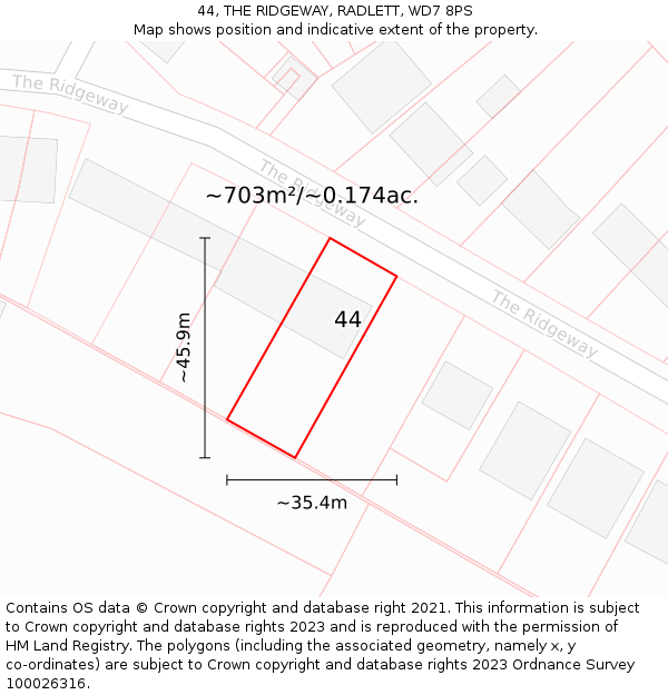 44, THE RIDGEWAY, RADLETT, WD7 8PS: Plot and title map