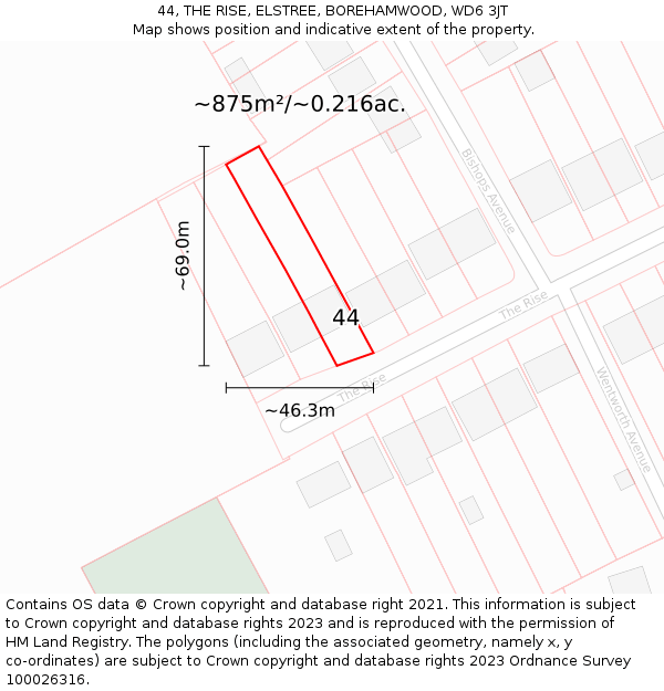 44, THE RISE, ELSTREE, BOREHAMWOOD, WD6 3JT: Plot and title map