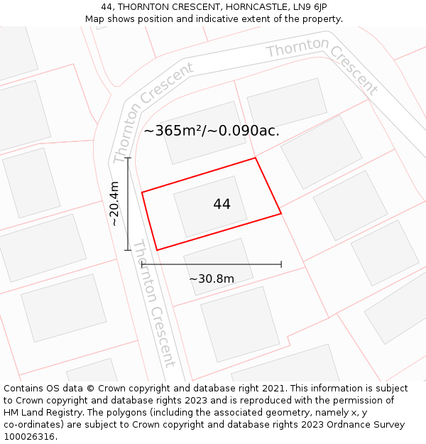 44, THORNTON CRESCENT, HORNCASTLE, LN9 6JP: Plot and title map