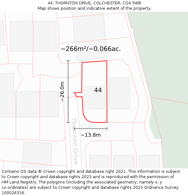 44, THORNTON DRIVE, COLCHESTER, CO4 5WB: Plot and title map