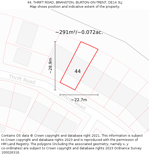 44, THRIFT ROAD, BRANSTON, BURTON-ON-TRENT, DE14 3LJ: Plot and title map