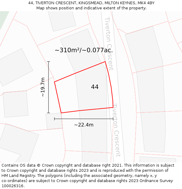 44, TIVERTON CRESCENT, KINGSMEAD, MILTON KEYNES, MK4 4BY: Plot and title map