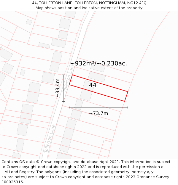 44, TOLLERTON LANE, TOLLERTON, NOTTINGHAM, NG12 4FQ: Plot and title map