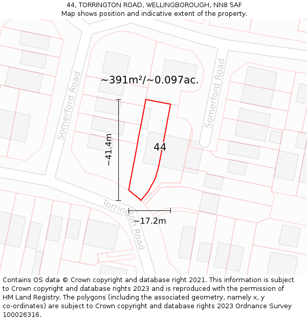 44, TORRINGTON ROAD, WELLINGBOROUGH, NN8 5AF: Plot and title map