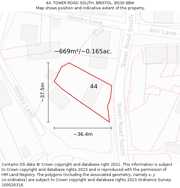 44, TOWER ROAD SOUTH, BRISTOL, BS30 8BW: Plot and title map