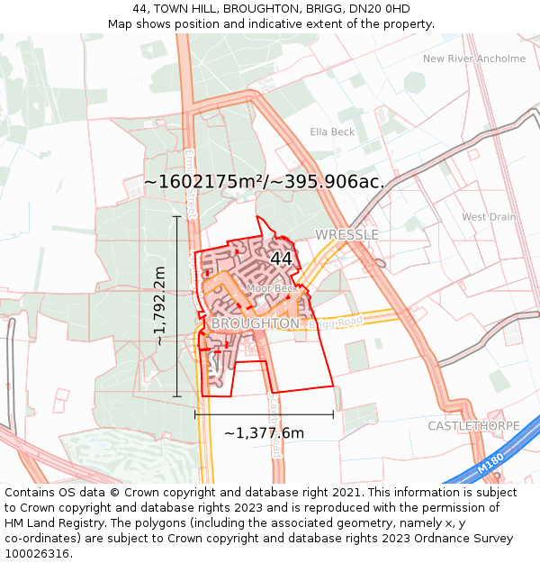 44, TOWN HILL, BROUGHTON, BRIGG, DN20 0HD: Plot and title map