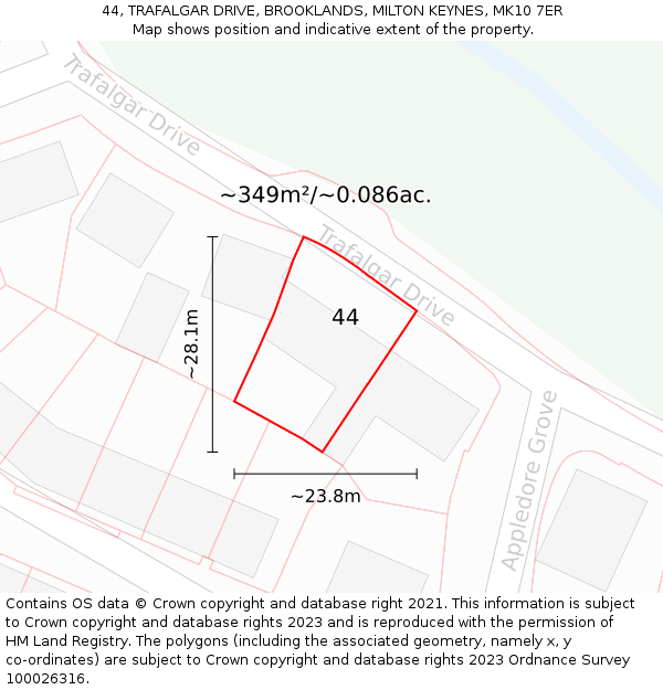 44, TRAFALGAR DRIVE, BROOKLANDS, MILTON KEYNES, MK10 7ER: Plot and title map