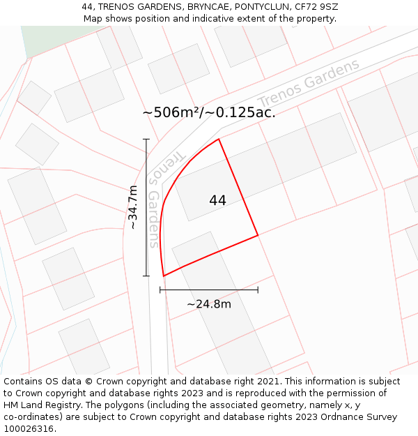 44, TRENOS GARDENS, BRYNCAE, PONTYCLUN, CF72 9SZ: Plot and title map