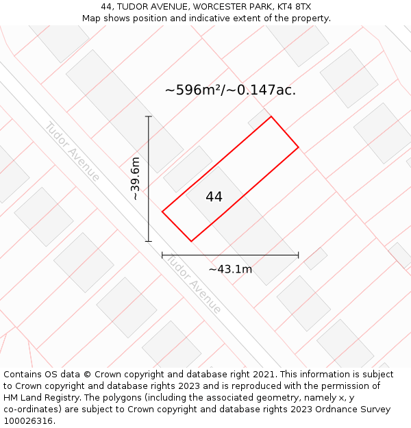 44, TUDOR AVENUE, WORCESTER PARK, KT4 8TX: Plot and title map