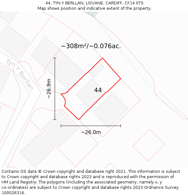 44, TYN Y BERLLAN, LISVANE, CARDIFF, CF14 0TS: Plot and title map