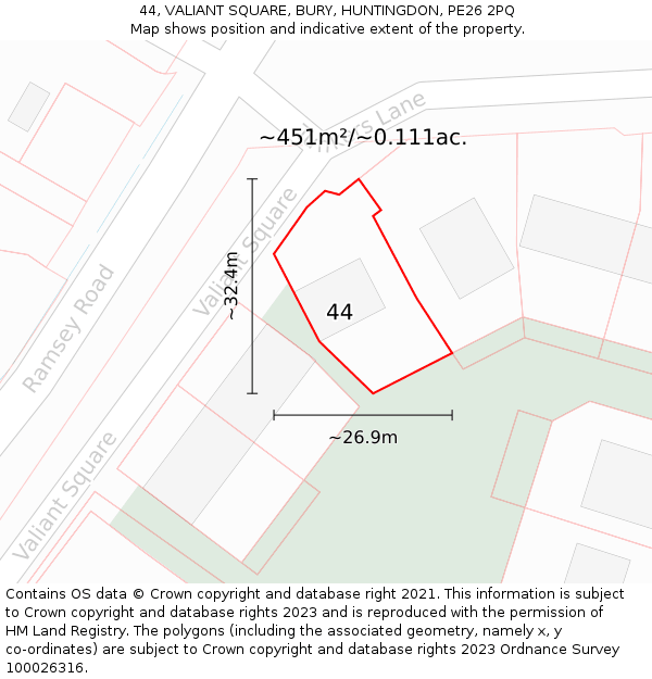 44, VALIANT SQUARE, BURY, HUNTINGDON, PE26 2PQ: Plot and title map