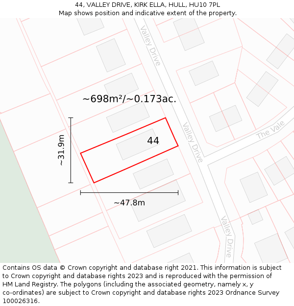 44, VALLEY DRIVE, KIRK ELLA, HULL, HU10 7PL: Plot and title map