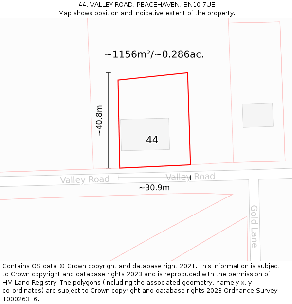 44, VALLEY ROAD, PEACEHAVEN, BN10 7UE: Plot and title map