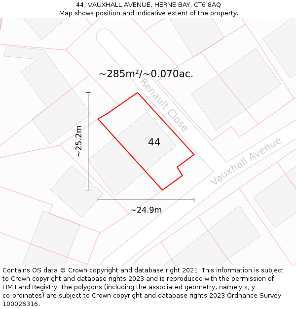 44, VAUXHALL AVENUE, HERNE BAY, CT6 8AQ: Plot and title map