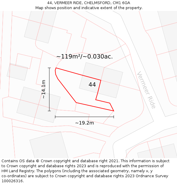 44, VERMEER RIDE, CHELMSFORD, CM1 6GA: Plot and title map