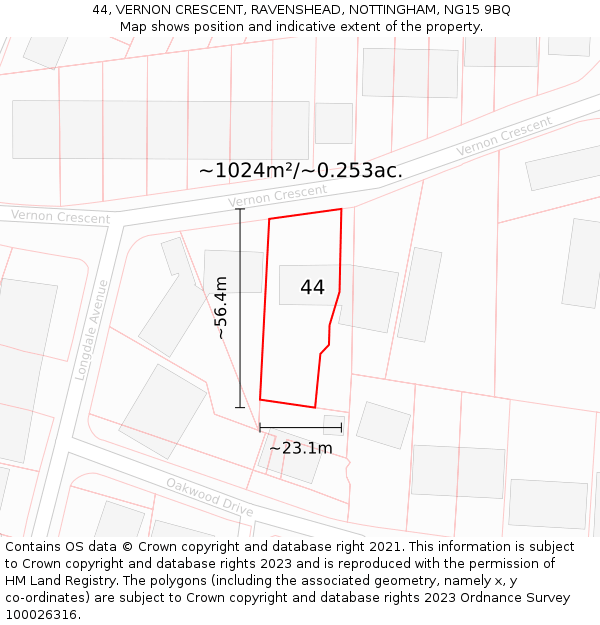 44, VERNON CRESCENT, RAVENSHEAD, NOTTINGHAM, NG15 9BQ: Plot and title map