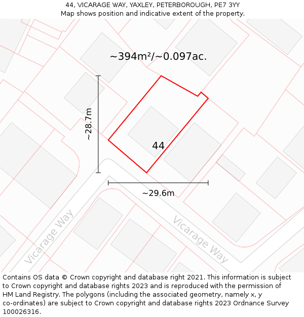 44, VICARAGE WAY, YAXLEY, PETERBOROUGH, PE7 3YY: Plot and title map