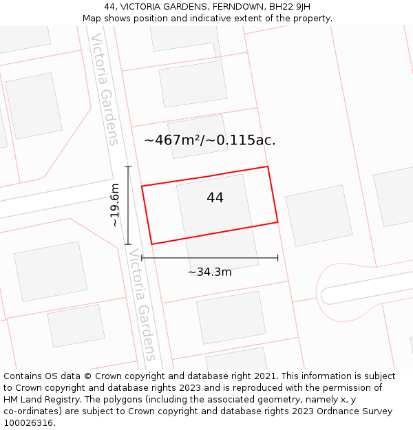 44, VICTORIA GARDENS, FERNDOWN, BH22 9JH: Plot and title map