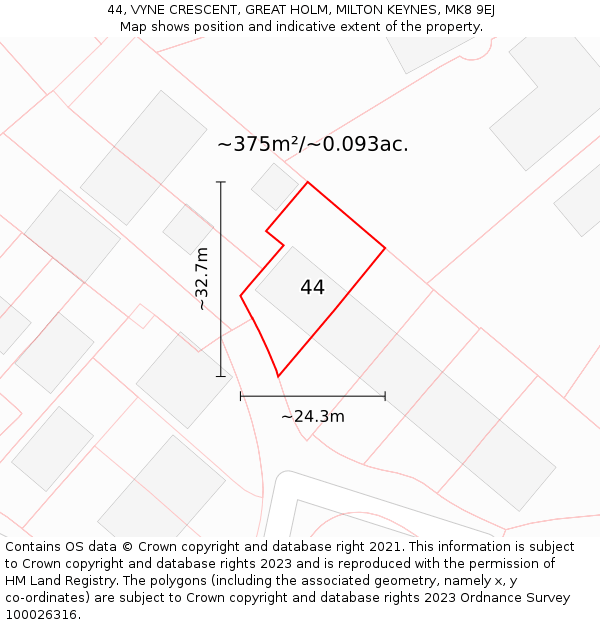 44, VYNE CRESCENT, GREAT HOLM, MILTON KEYNES, MK8 9EJ: Plot and title map