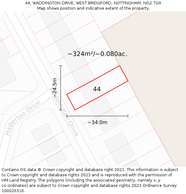 44, WADDINGTON DRIVE, WEST BRIDGFORD, NOTTINGHAM, NG2 7GX: Plot and title map