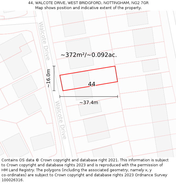 44, WALCOTE DRIVE, WEST BRIDGFORD, NOTTINGHAM, NG2 7GR: Plot and title map