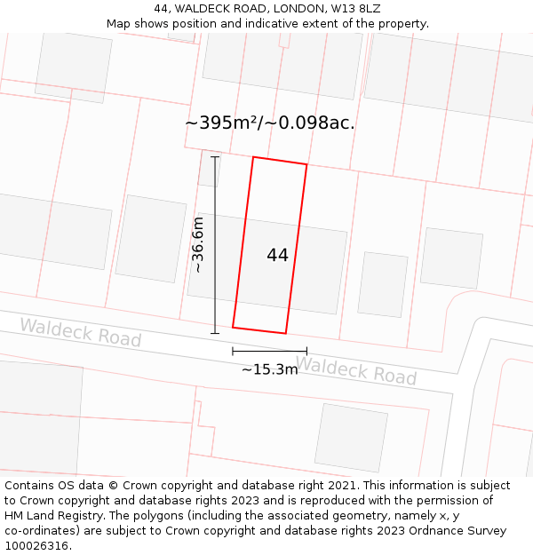 44, WALDECK ROAD, LONDON, W13 8LZ: Plot and title map