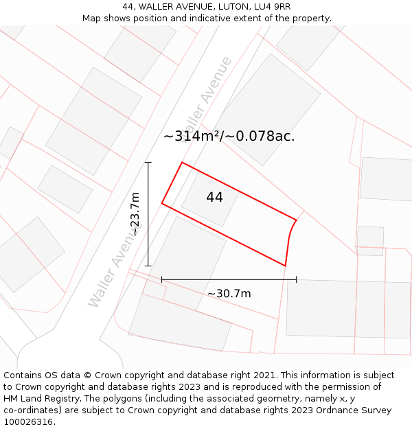 44, WALLER AVENUE, LUTON, LU4 9RR: Plot and title map