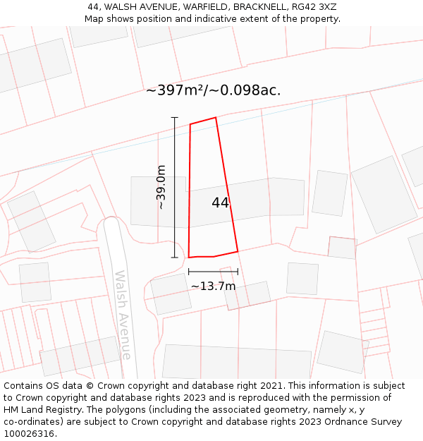 44, WALSH AVENUE, WARFIELD, BRACKNELL, RG42 3XZ: Plot and title map