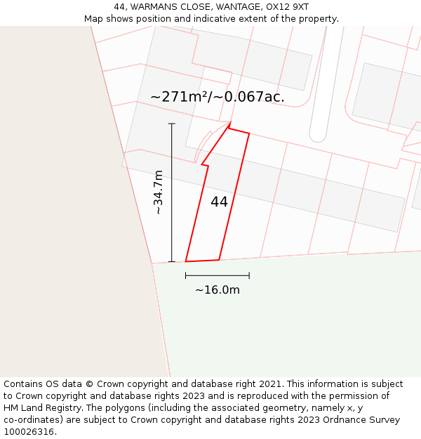 44, WARMANS CLOSE, WANTAGE, OX12 9XT: Plot and title map
