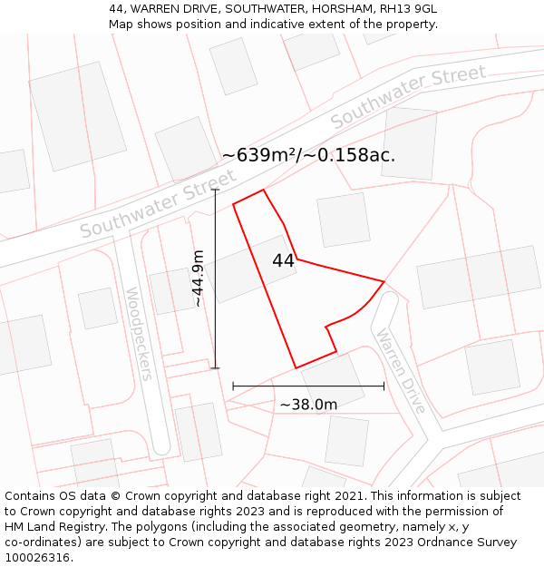 44, WARREN DRIVE, SOUTHWATER, HORSHAM, RH13 9GL: Plot and title map