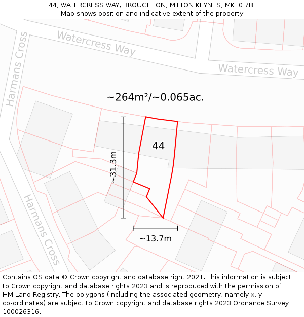 44, WATERCRESS WAY, BROUGHTON, MILTON KEYNES, MK10 7BF: Plot and title map