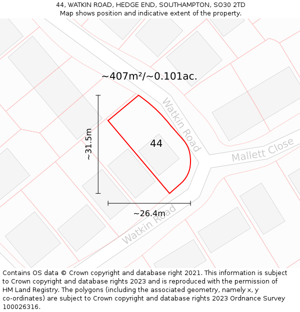 44, WATKIN ROAD, HEDGE END, SOUTHAMPTON, SO30 2TD: Plot and title map