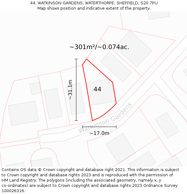 44, WATKINSON GARDENS, WATERTHORPE, SHEFFIELD, S20 7PU: Plot and title map