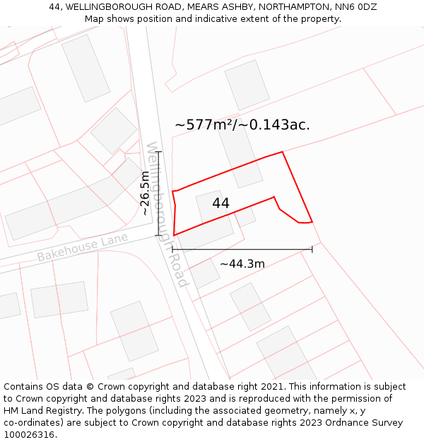 44, WELLINGBOROUGH ROAD, MEARS ASHBY, NORTHAMPTON, NN6 0DZ: Plot and title map