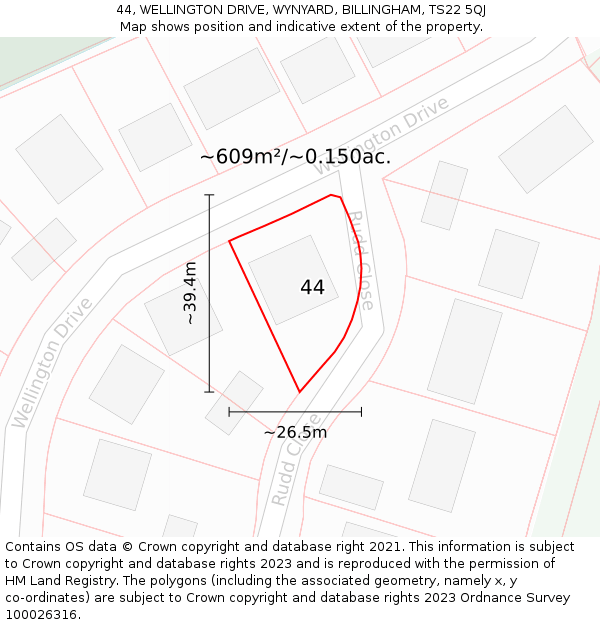 44, WELLINGTON DRIVE, WYNYARD, BILLINGHAM, TS22 5QJ: Plot and title map