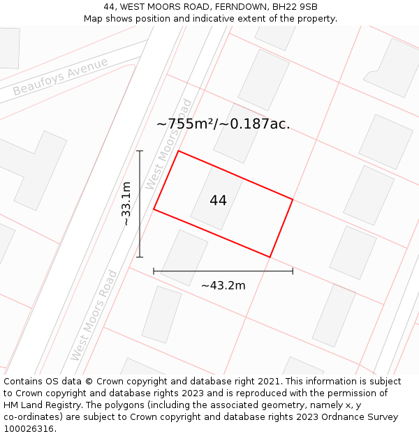 44, WEST MOORS ROAD, FERNDOWN, BH22 9SB: Plot and title map