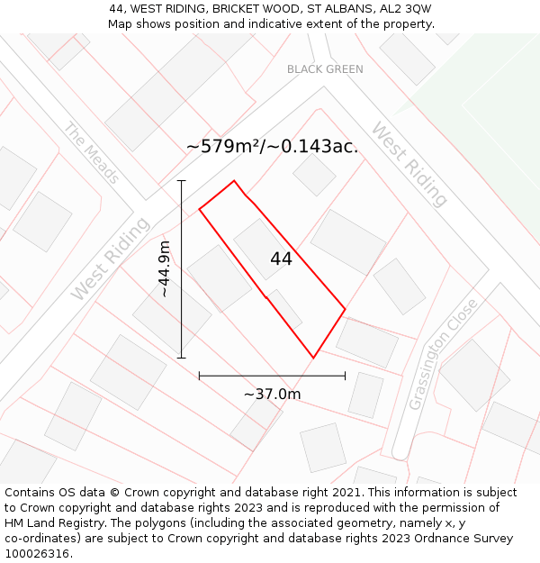 44, WEST RIDING, BRICKET WOOD, ST ALBANS, AL2 3QW: Plot and title map