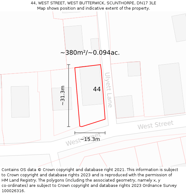 44, WEST STREET, WEST BUTTERWICK, SCUNTHORPE, DN17 3LE: Plot and title map