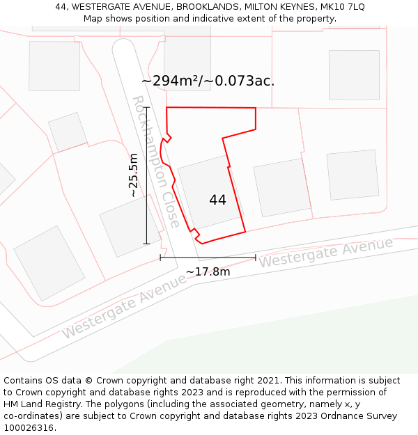 44, WESTERGATE AVENUE, BROOKLANDS, MILTON KEYNES, MK10 7LQ: Plot and title map