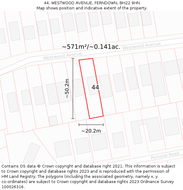 44, WESTWOOD AVENUE, FERNDOWN, BH22 9HN: Plot and title map