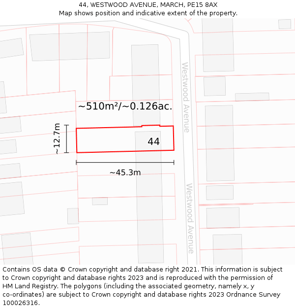 44, WESTWOOD AVENUE, MARCH, PE15 8AX: Plot and title map