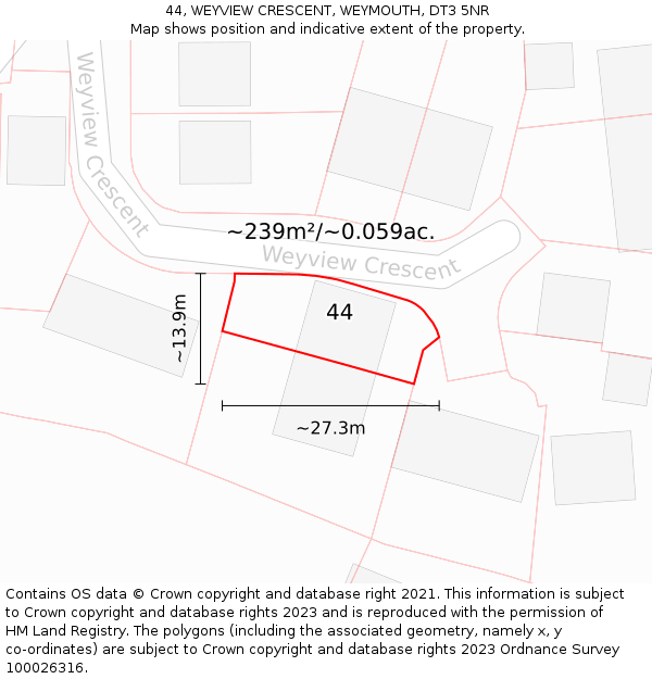 44, WEYVIEW CRESCENT, WEYMOUTH, DT3 5NR: Plot and title map