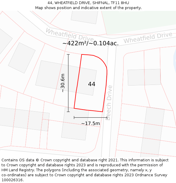 44, WHEATFIELD DRIVE, SHIFNAL, TF11 8HU: Plot and title map