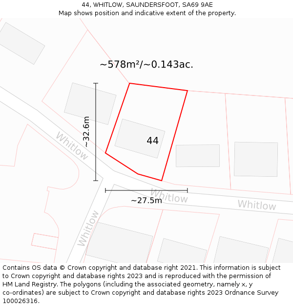 44, WHITLOW, SAUNDERSFOOT, SA69 9AE: Plot and title map