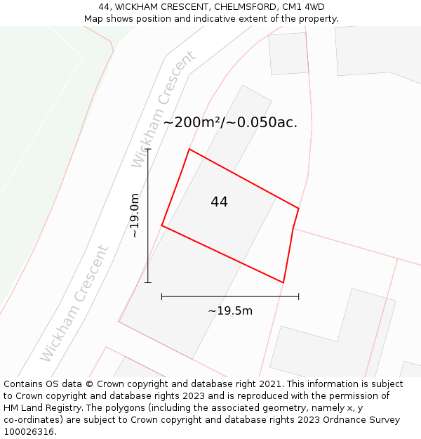 44, WICKHAM CRESCENT, CHELMSFORD, CM1 4WD: Plot and title map